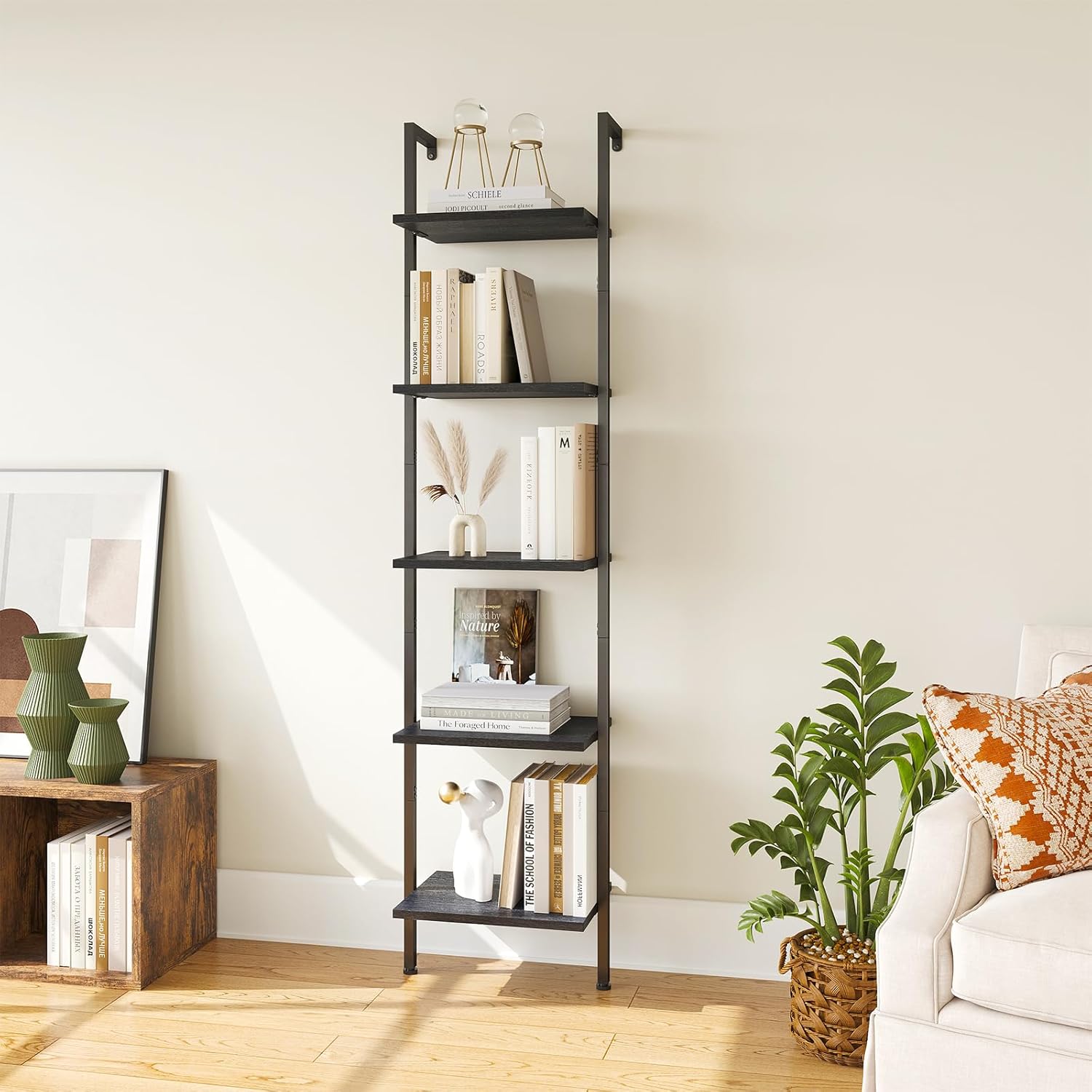 ELYKEN Ladder Shelf, 5-Tier Wood Wall Mounted Bookshelf with Metal Frame, Vintage Open Display Organizer Rack, Leaning Storage Shelves for Living Room, Bedroom, Home Office, Black