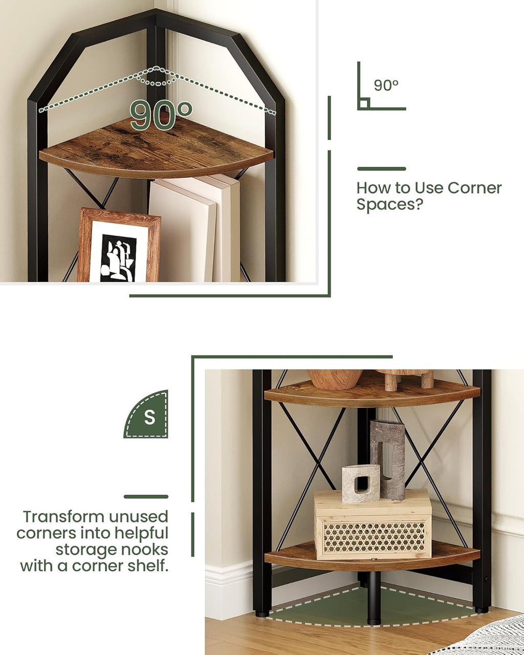 59.4" Corner Shelf, 5-Tier Industrial Corner Bookshelf, Corner Storage Stand, Plant Stand Display Shelf, Bookcase for Bedroom, Living Room, Home Office, Rustic Brown and Black TCJ10BF