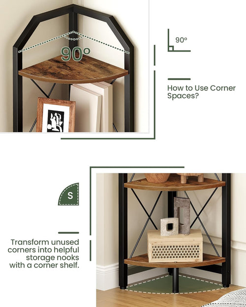 59.4" Corner Shelf, 5-Tier Industrial Corner Bookshelf, Corner Storage Stand, Plant Stand Display Shelf, Bookcase for Bedroom, Living Room, Home Office, Rustic Brown and Black TCJ10BF