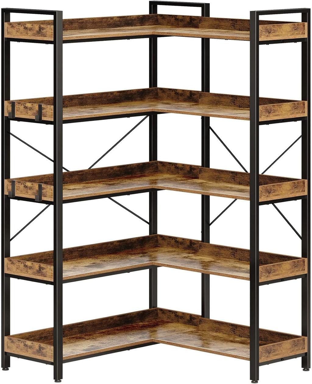 Rolanstar Bookshelf 5 Tier with 4 Hooks, Reversible Corner Bookshelf, 65" Industrial Wooden Bookcase with Open Shelves and Metal Frame for Living Room, Bedroom, Home Office, Rustic Brown