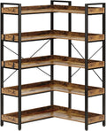 Rolanstar Bookshelf 5 Tier with 4 Hooks, Reversible Corner Bookshelf, 65" Industrial Wooden Bookcase with Open Shelves and Metal Frame for Living Room, Bedroom, Home Office, Rustic Brown