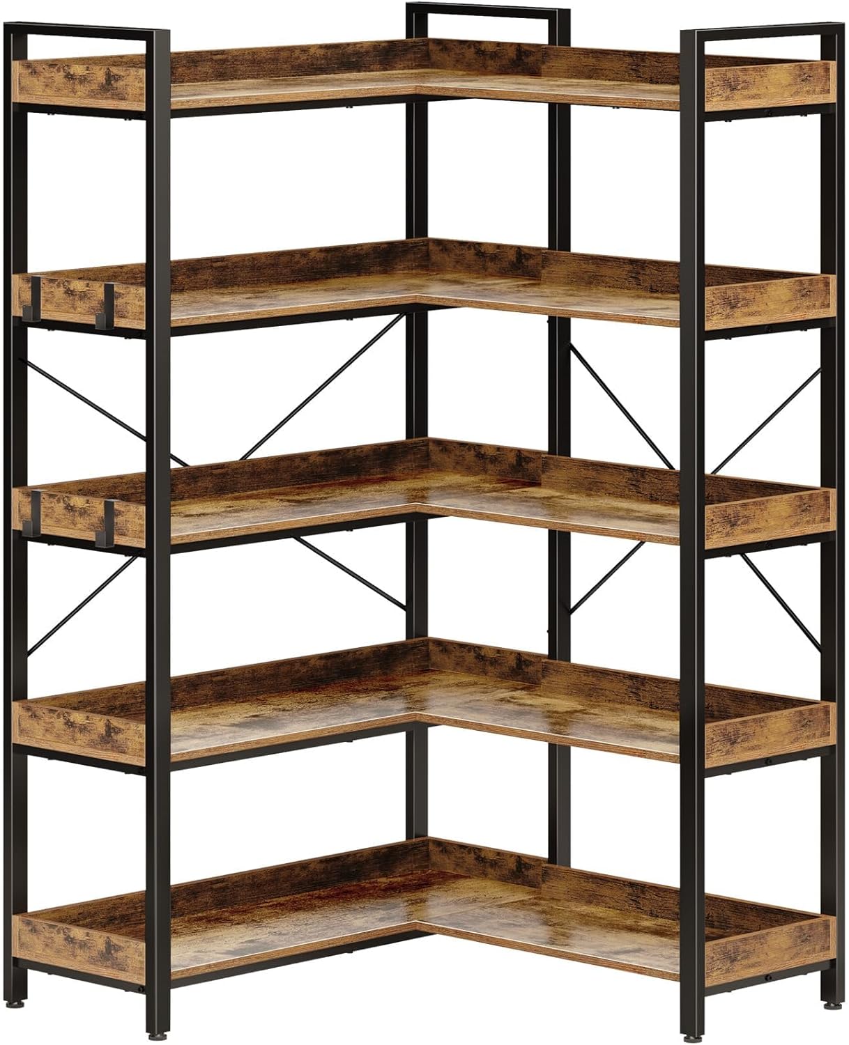 Rolanstar Bookshelf 5 Tier with 4 Hooks, Reversible Corner Bookshelf, 65" Industrial Wooden Bookcase with Open Shelves and Metal Frame for Living Room, Bedroom, Home Office, Rustic Brown