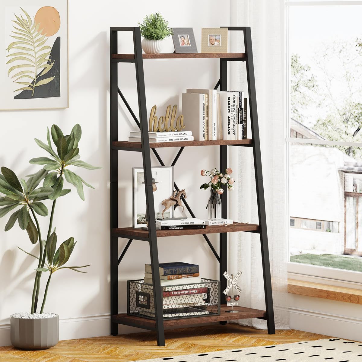 BON AUGURE Ladder Shelf Bookcase, 5-Tier Industrial Ladder Bookshelf, Tall Living Room Shelves, Wood and Metal Leaning Shelf for Home Office, Kitchen, Bedroom, Balcony (Rustic Oak)
