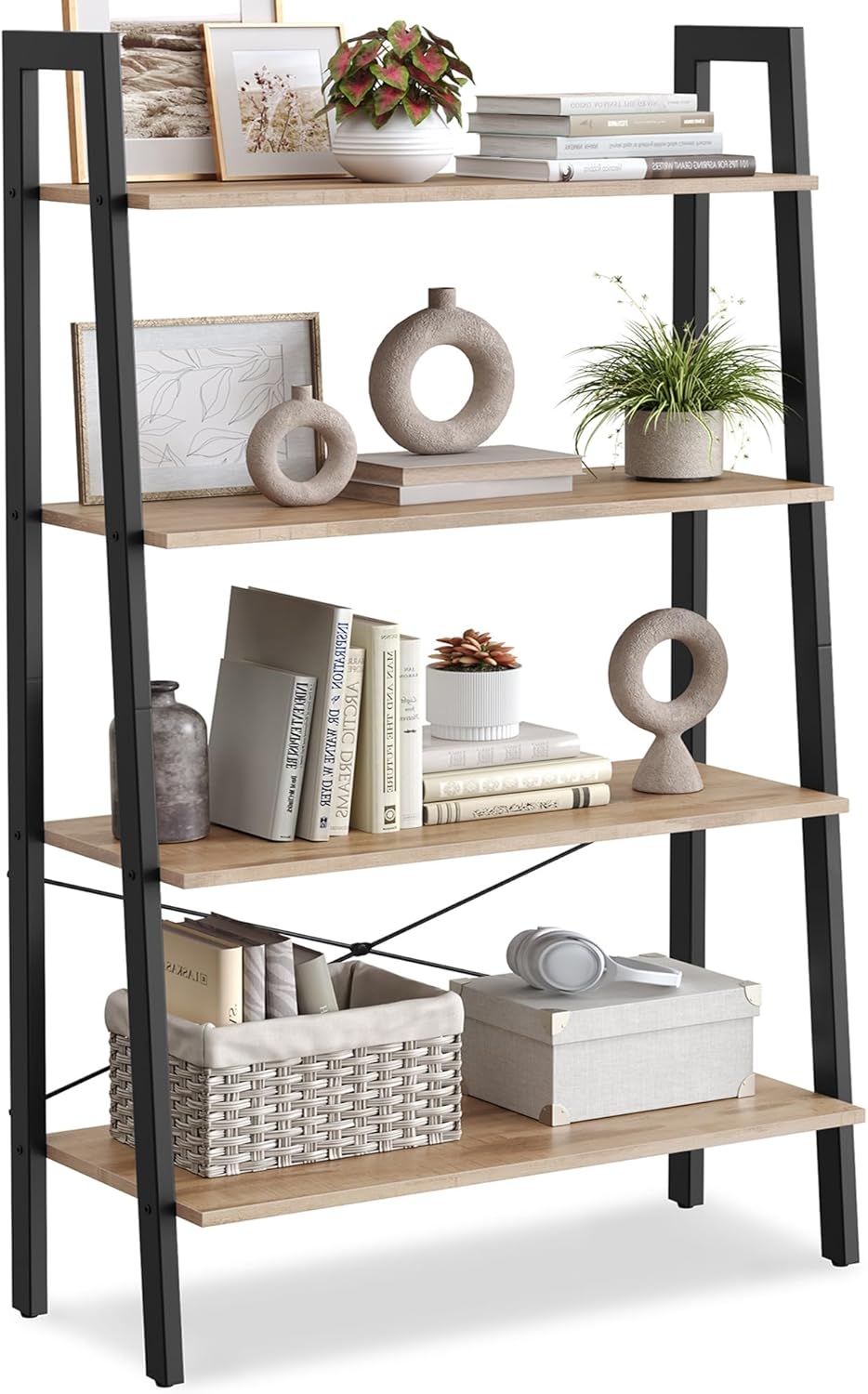 VASAGLE Ladder Shelf, 4-Tier Bookshelf, Storage Rack, Bookcase with Steel Frame, for Living Room, Home Office, Kitchen, Bedroom, Industrial Style, Rustic Brown and Ink Black ULLS44X