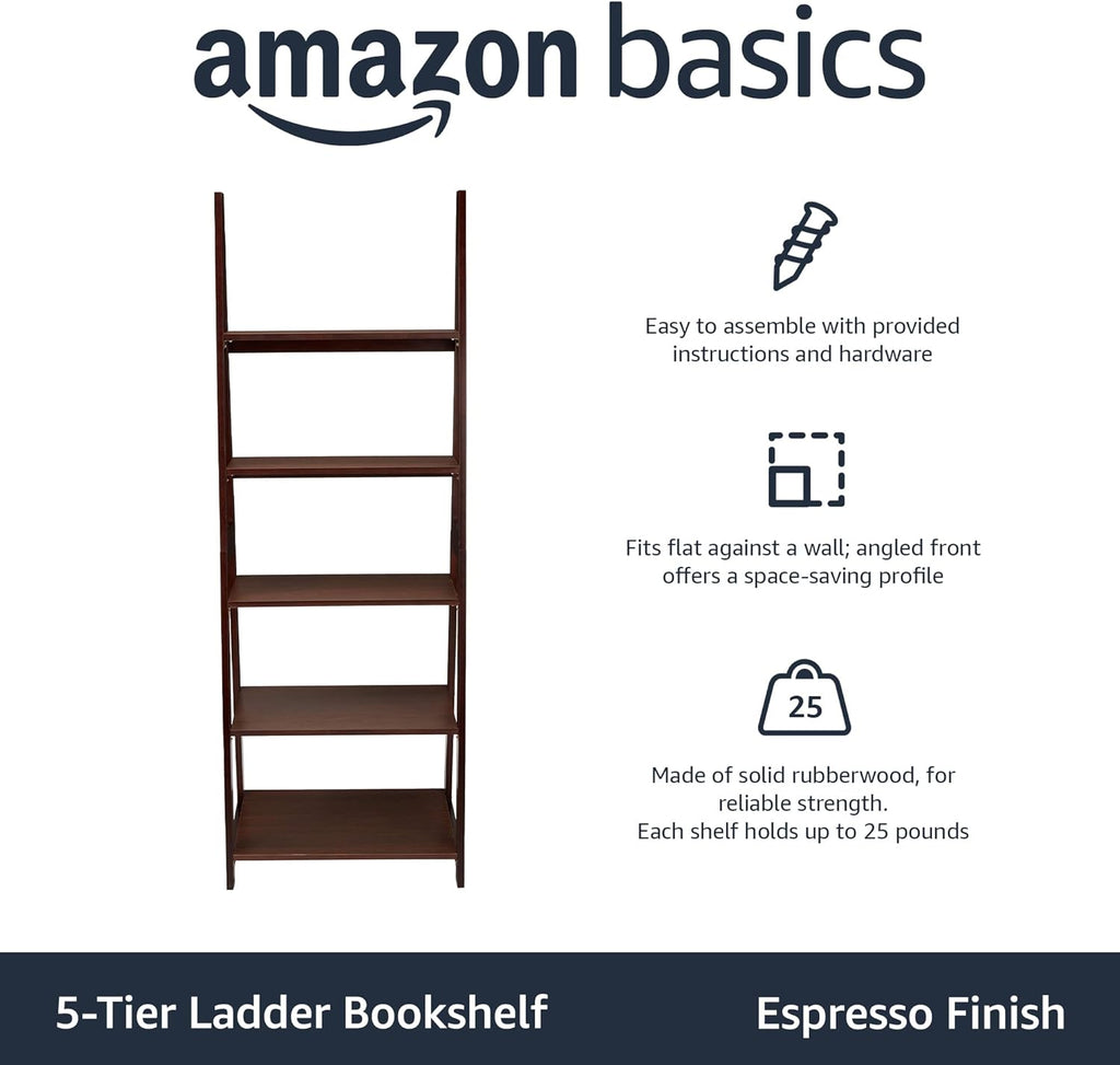 Amazon Basics Ladder Bookshelf Organizer, Solid Rubberwood Frame, Espresso Finish, 5 Shelves, 14" D x 24.8" W x 70.1" H