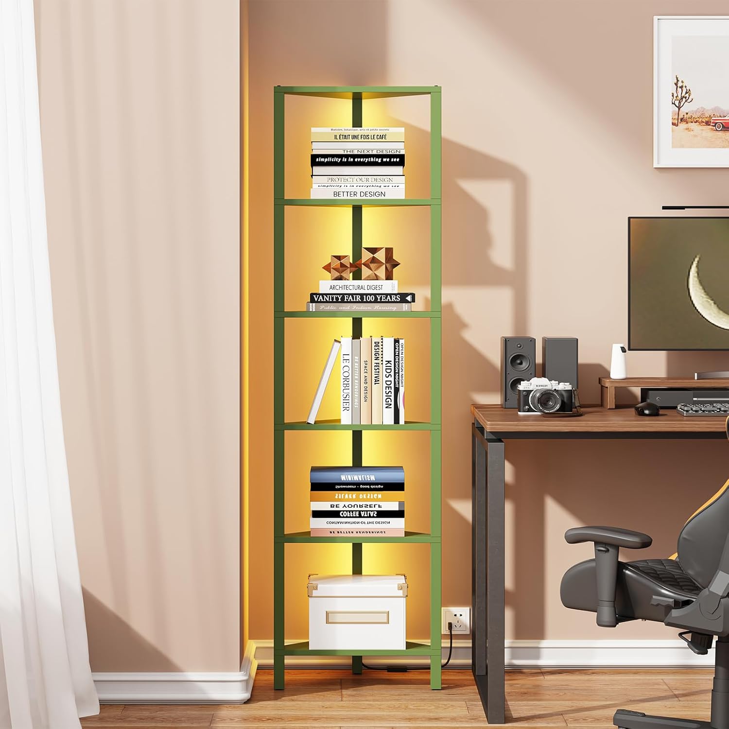 TUTOTAK 6-Tier Corner Bookshelf with LED Light,Corner Shelf for Small Space, Narrow Display Corner Shelf Stand with Storage Rack, for Living Room, Bedroom, Pure White V1BS05BW006L