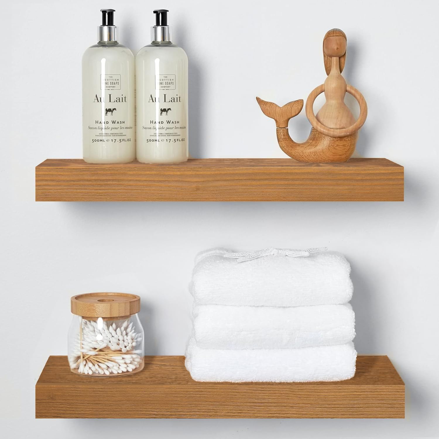 Homeforia 24inch Oak Floating Shelf for Wall, High End Solid Real Wood 24 inches Long Floating Shelves for Bathroom, Honey Oak Wooden Floating Shelves, Heavy Duty Bracket, 24 X 6.5 X 1.75 in, Set of 2