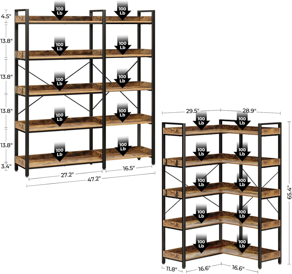 Rolanstar Bookshelf 5 Tier with 4 Hooks, Reversible Corner Bookshelf, 65" Industrial Wooden Bookcase with Open Shelves and Metal Frame for Living Room, Bedroom, Home Office, Rustic Brown