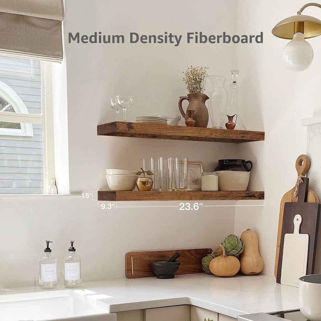 QEEIG Floating Shelves for Wall 23.6" Long - Wall Mounted Shelf Bathroom Kitchen Living Room Bedroom Farmhouse Home Decor Display Bookshelf Large 23.6 x 9.3 inch Set of 2, Rustic Brown (008-60BN)