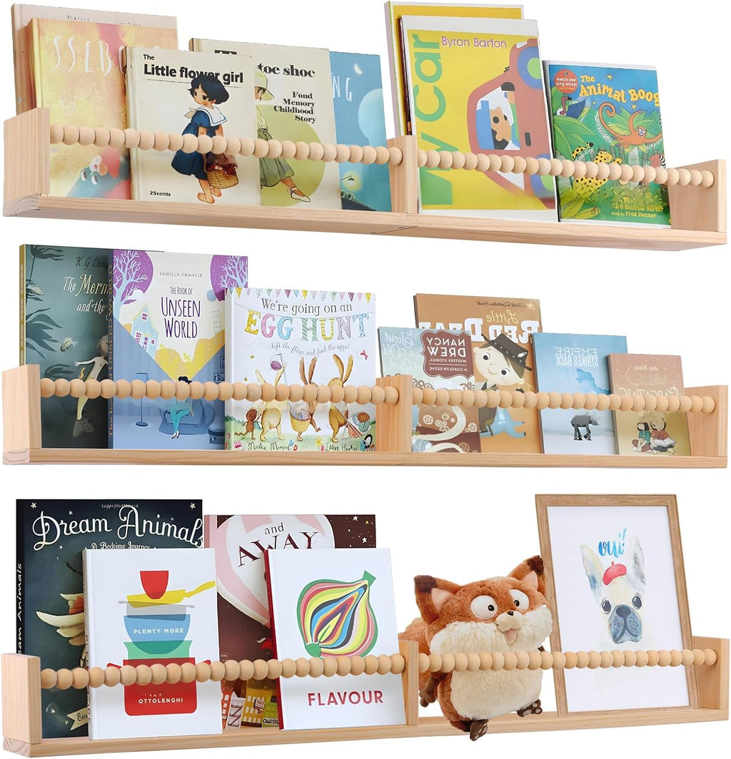 Nursery Book Shelves for Kids Rooms - 32 Inches Floating Wall Bookshelves Set of 3, Space-Saving Nursery Shelves with Beads Design for Kids Room, Bedroom and Study Room(Natural)