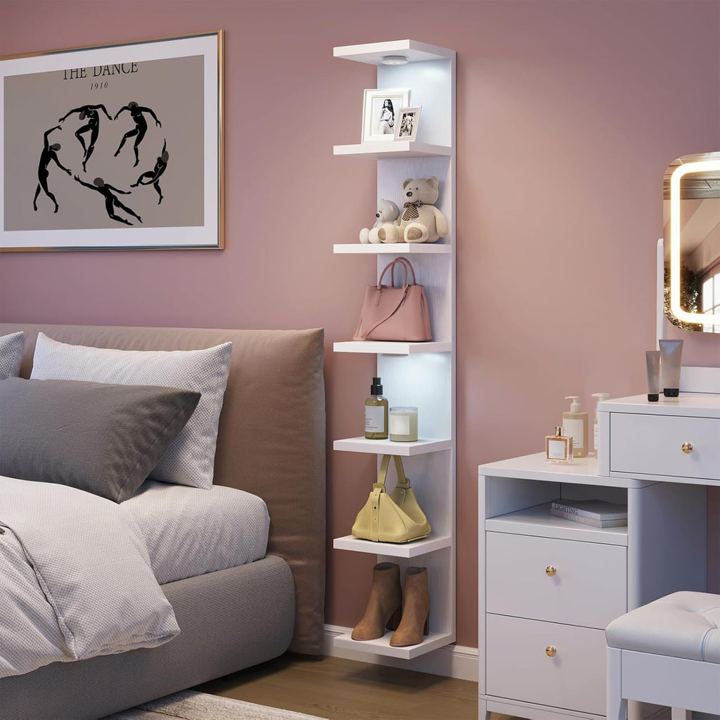 Fixwal 7 Tier Wall Mounted Shelf Unit White Floating Shelves with LED Lights Lack Wall Shelf for Home Decor Organizer Display