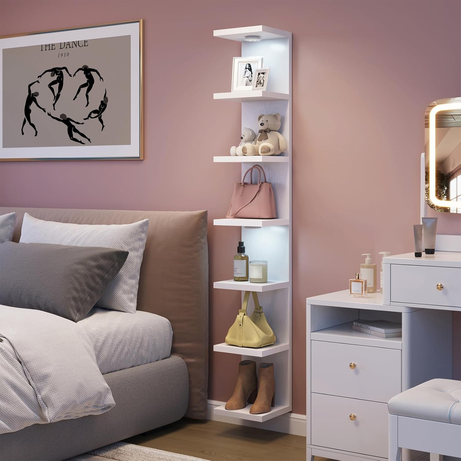 Fixwal 7 Tier Wall Mounted Shelf Unit White Floating Shelves with LED Lights Lack Wall Shelf for Home Decor Organizer Display