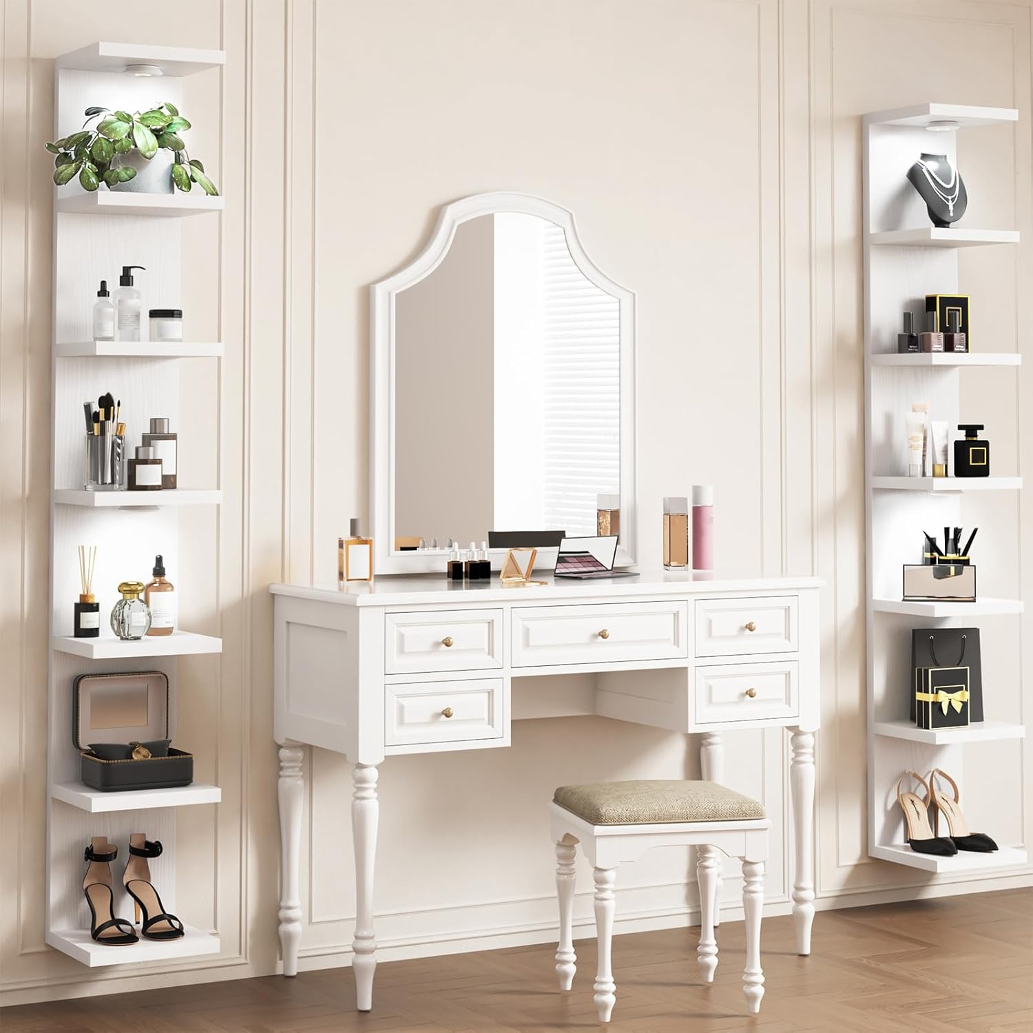 Fixwal 7 Tier Wall Mounted Shelf Unit White Floating Shelves with LED Lights Lack Wall Shelf for Home Decor Organizer Display