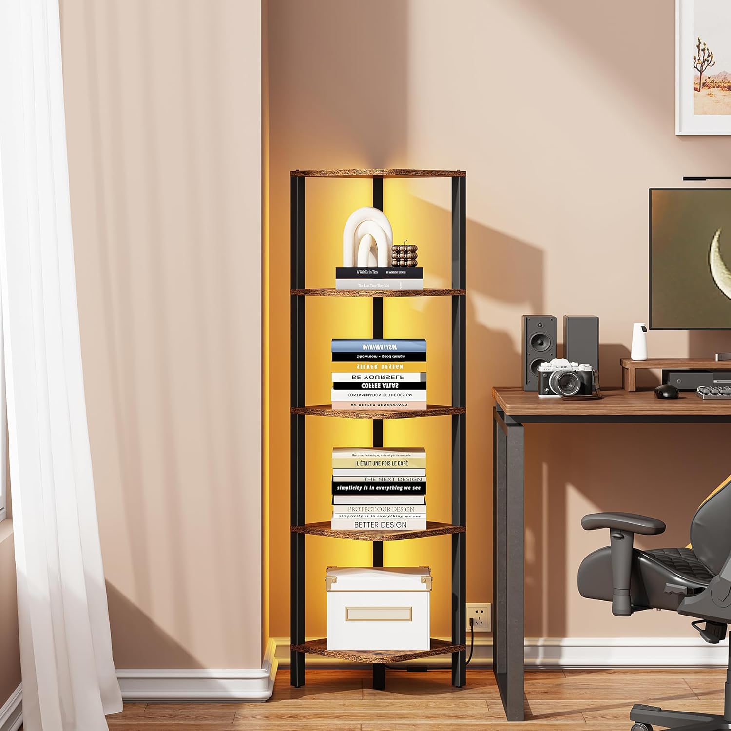 TUTOTAK 6-Tier Corner Bookshelf with LED Light,Corner Shelf for Small Space, Narrow Display Corner Shelf Stand with Storage Rack, for Living Room, Bedroom, Pure White V1BS05BW006L