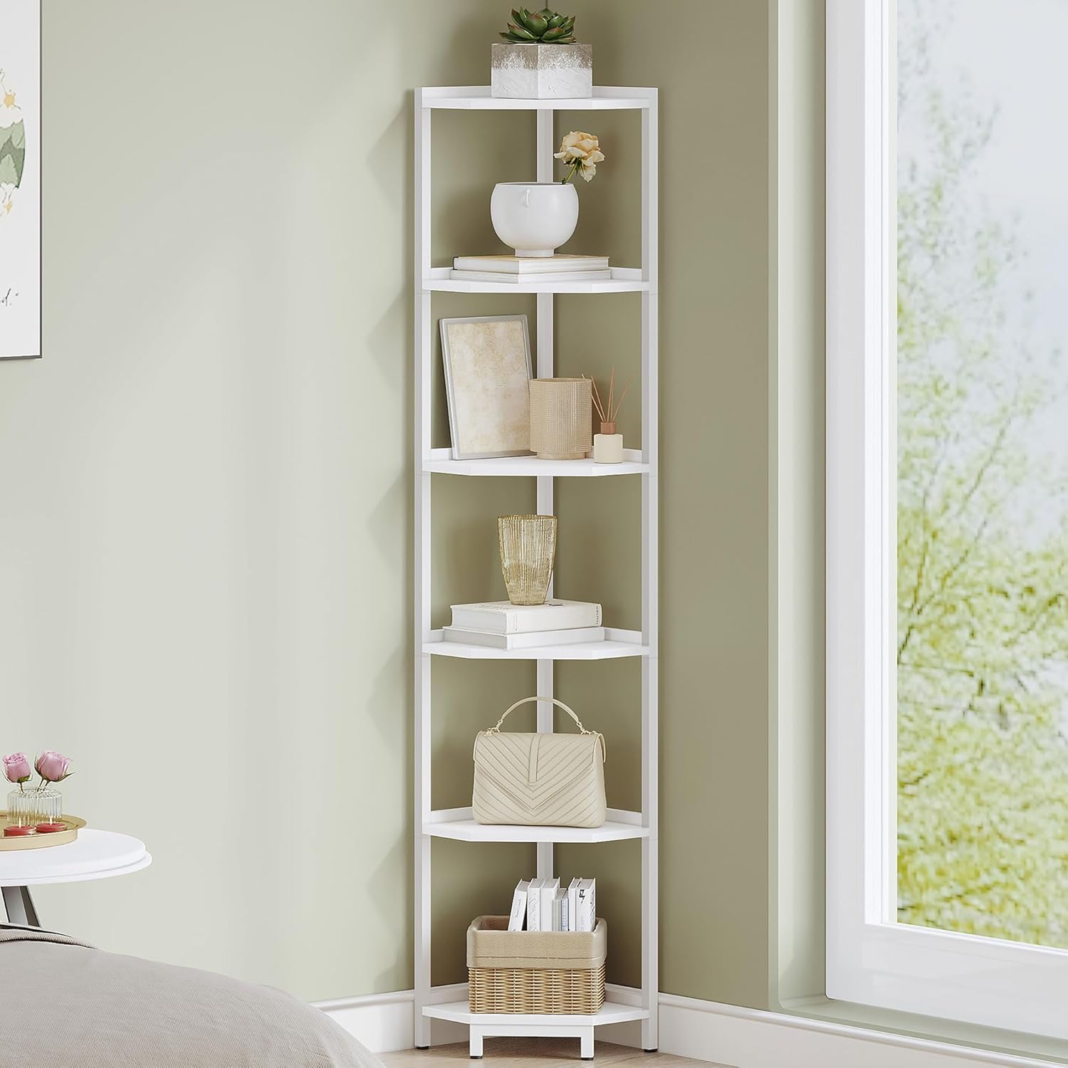 Corner Shelf Stand, Corner Bookshelf, Storage Standing Shelf Unit with Metal Frame, Plant Stand, Corner Bookcase for Living Room, Home Office, Bedroom, 6-Tier Rustic Brown CS06001B