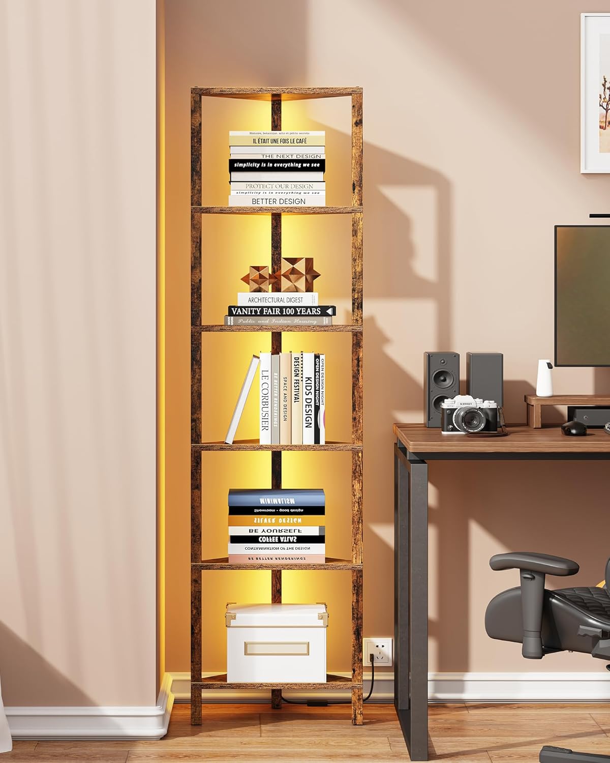 TUTOTAK 6-Tier Corner Bookshelf with LED Light,Corner Shelf for Small Space, Narrow Display Corner Shelf Stand with Storage Rack, for Living Room, Bedroom, Pure White V1BS05BW006L