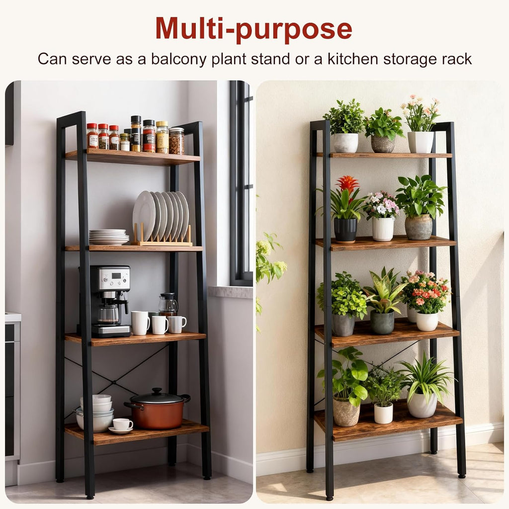 DUMOS Ladder Shelf, 4-Tier Display Bookshelf, Industrial Style Storage Standing Shelf, Decorative Shelves with Stable Frame for Living Room, Bedroom, Office, Kitchen, Bathroom, Brown
