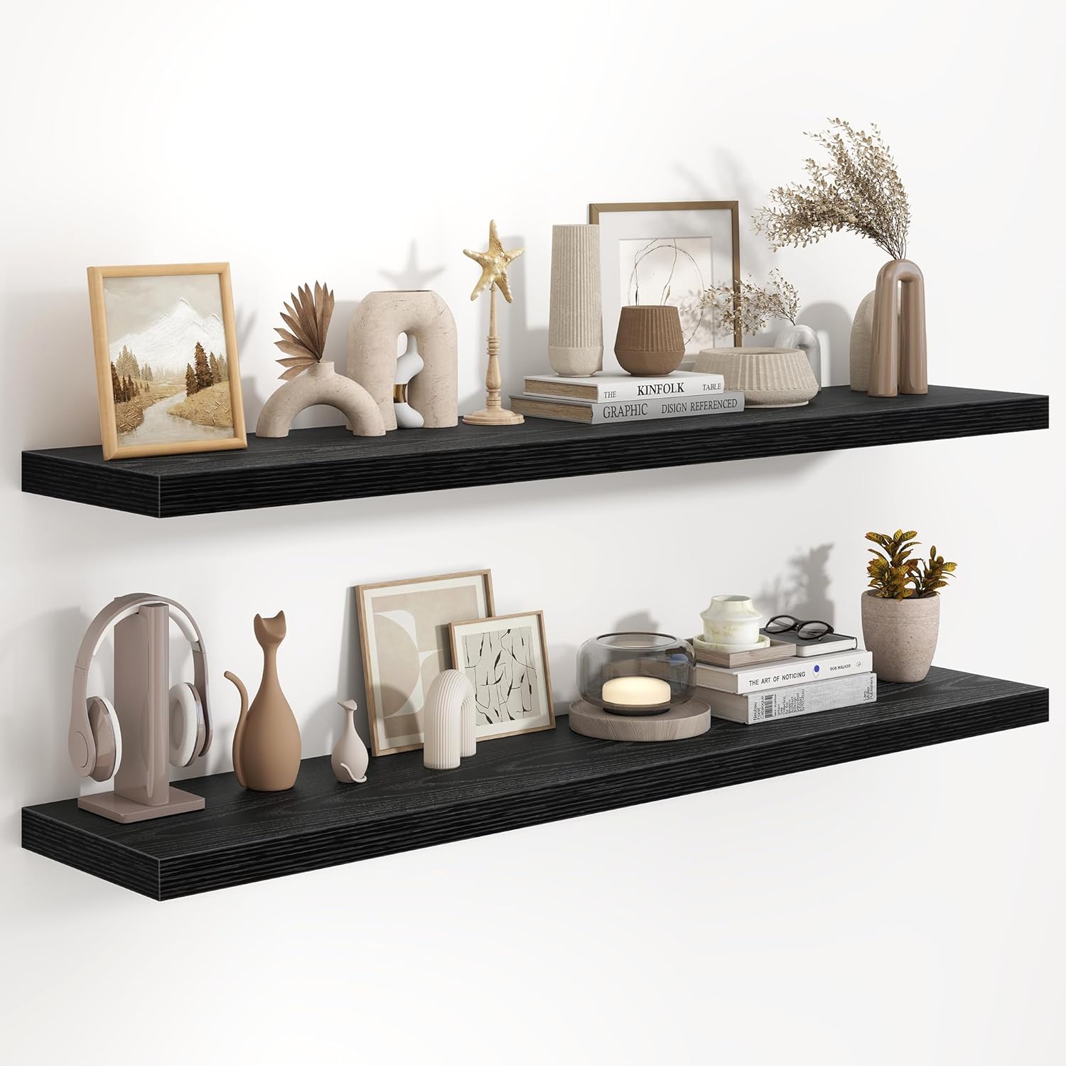 Fun Memories 48 Inch Floating Shelves in White, 9.3 Inch Deep Floating Shelf for Bathroom Living Room Kitchen, Rusitc Wall Mounted Bathroom Shelves 2 Pack, Heavy-Duty Deep Shelf for Books Decor