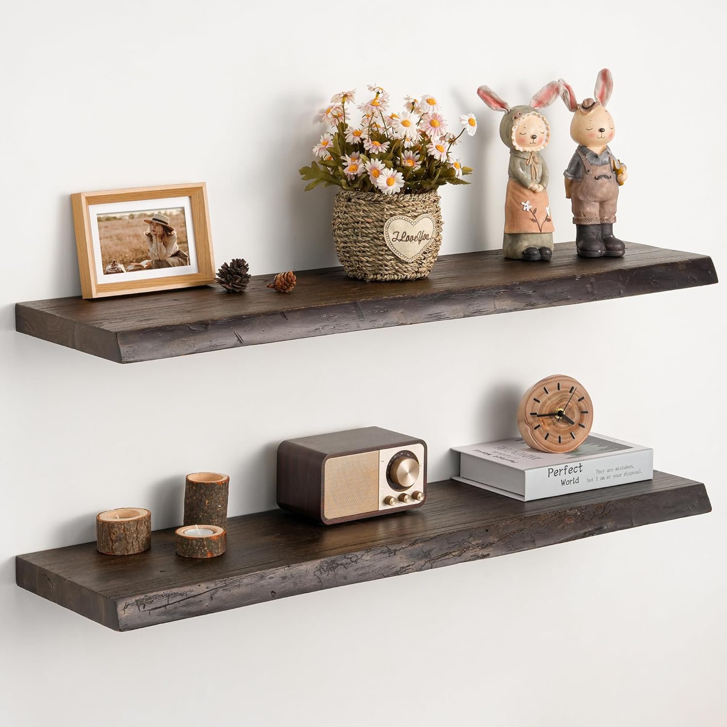 Floating Shelves Set of 2, Solid Elm Wood Wall Shelves 24 Inch - Invisible Bracket Mount for Living Room, Bedroom, Kitchen, Bathroom - Natural