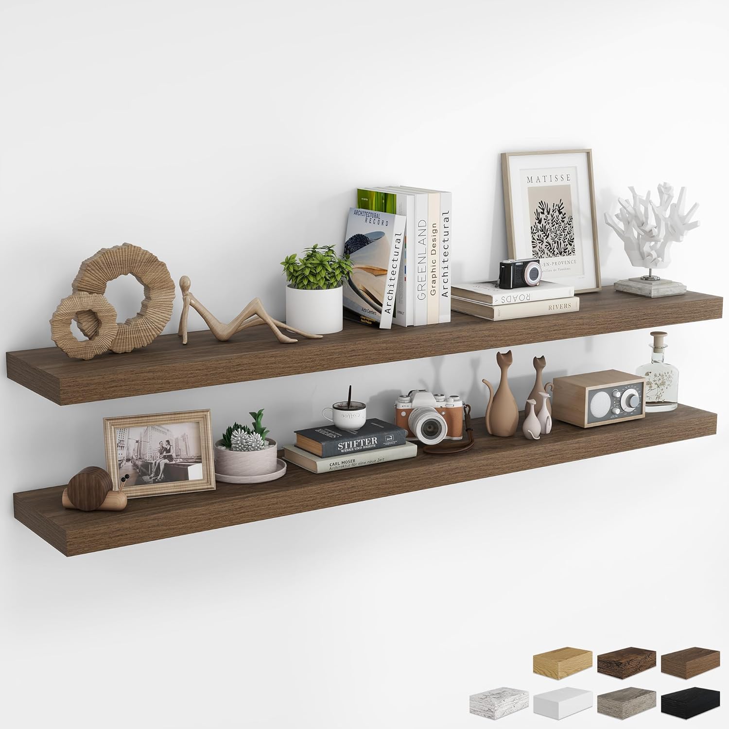 RICHFOCUS 48Inch Floating Shelves for Wall 2 Pack Shelves for Bedroom|Kitchen|Bathroom Wall Mounted Rustic Wood Floating Shelf with Invisible Brackets for Books|Storage|Decor, Walnut