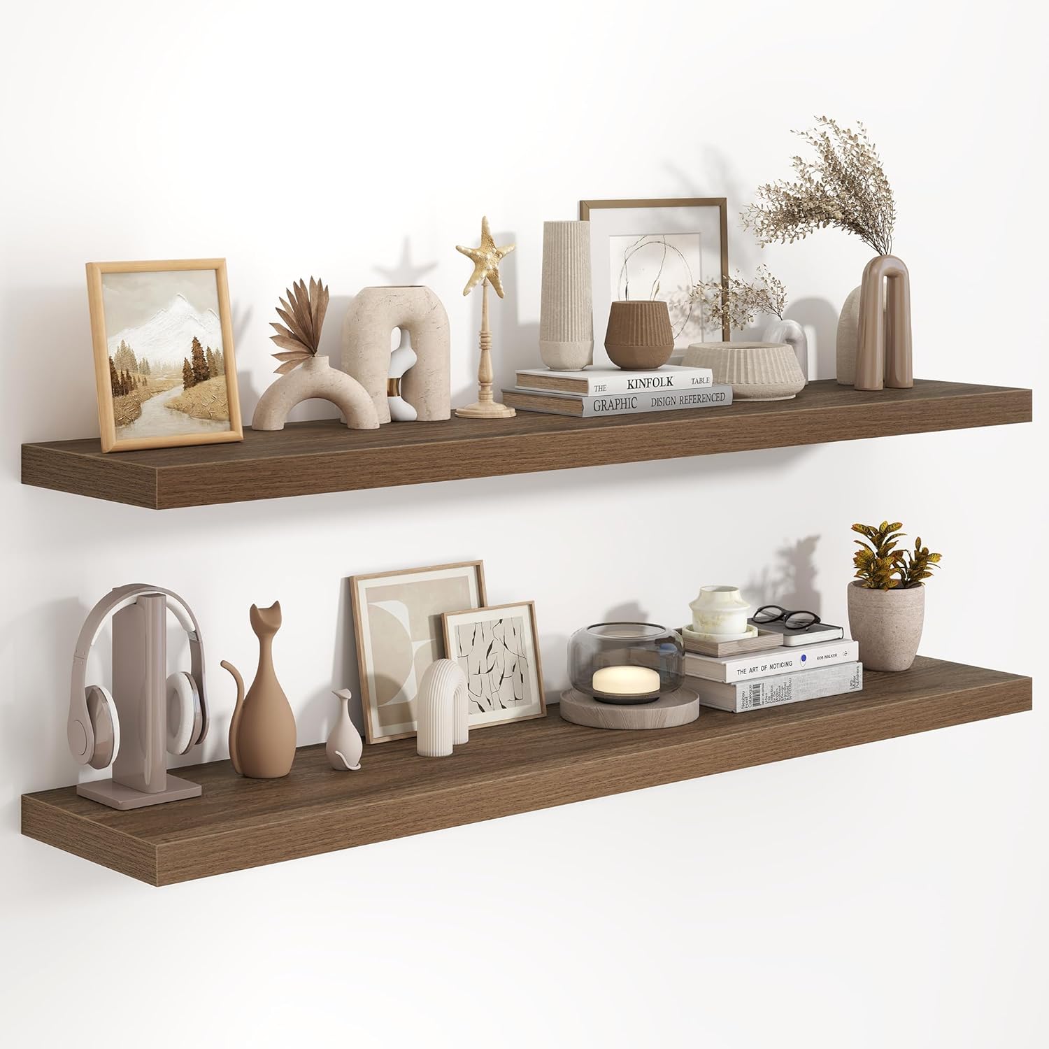 Fun Memories 48 Inch Floating Shelves in White, 9.3 Inch Deep Floating Shelf for Bathroom Living Room Kitchen, Rusitc Wall Mounted Bathroom Shelves 2 Pack, Heavy-Duty Deep Shelf for Books Decor