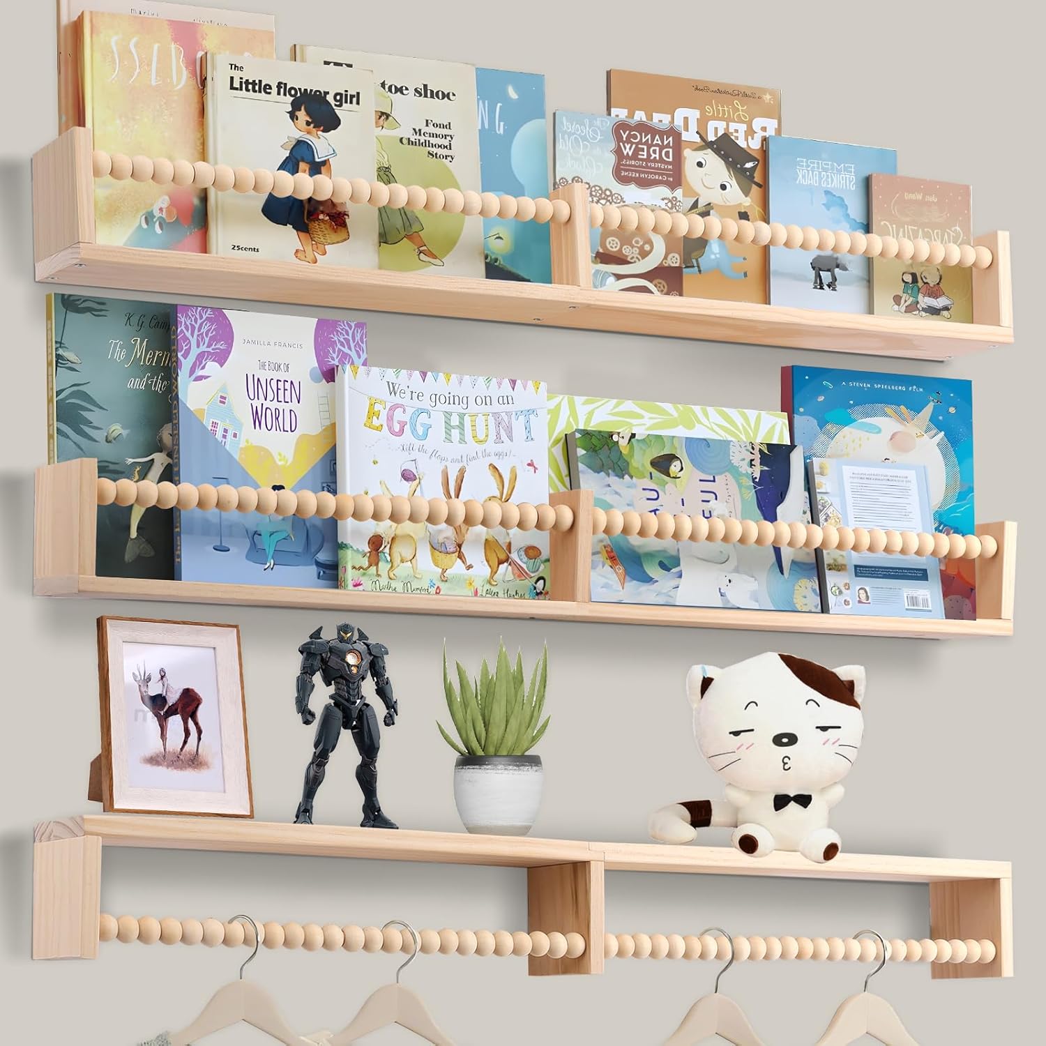 Nursery Book Shelves for Kids Rooms - 32 Inches Floating Wall Bookshelves Set of 3, Space-Saving Nursery Shelves with Beads Design for Kids Room, Bedroom and Study Room(Natural)