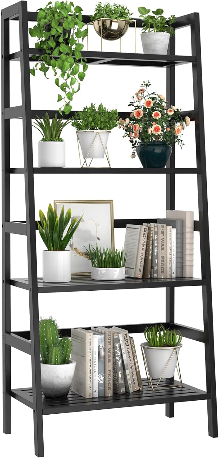 Homykic Bamboo Bookshelf 4-Tier Ladder Shelf, 49.2” Freestanding Open Bookcase Book Shelf Bathroom Storage Shelf Unit Plant Stand for Small Space, Bedroom, Living Room, Home Office, Natural