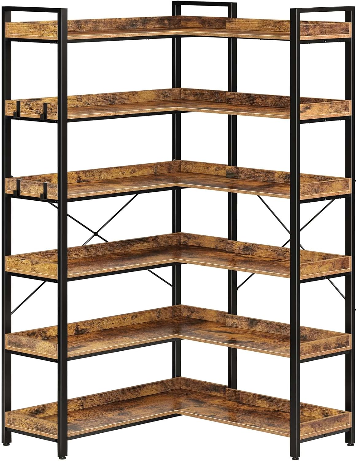 Rolanstar Bookshelf 5 Tier with 4 Hooks, Reversible Corner Bookshelf, 65" Industrial Wooden Bookcase with Open Shelves and Metal Frame for Living Room, Bedroom, Home Office, Rustic Brown