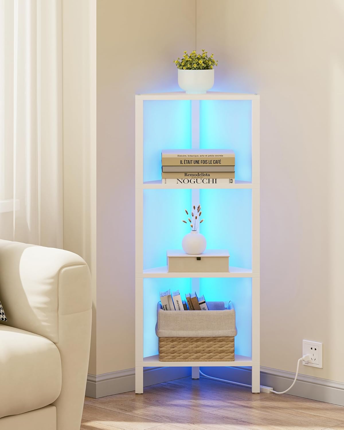 TUTOTAK 6-Tier Corner Bookshelf with LED Light,Corner Shelf for Small Space, Narrow Display Corner Shelf Stand with Storage Rack, for Living Room, Bedroom, Pure White V1BS05BW006L