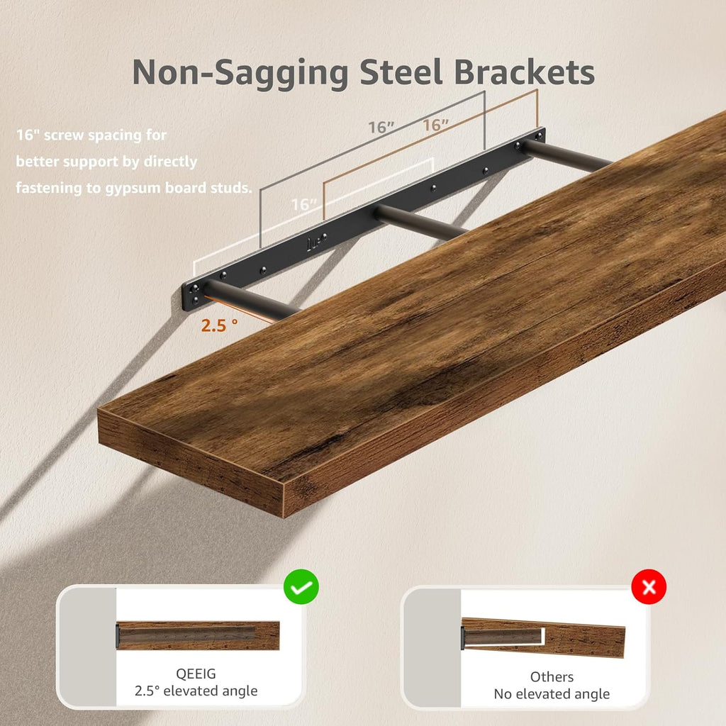 QEEIG Floating Shelves for Wall 47.2" Extra Long - Wall Shelf Bathroom Kitchen Living Room Bedroom Farmhouse Home Decor Display Bookshelf Large 47.2 x 9.3 inch Set of 2, Rustic Brown (008-120BN)