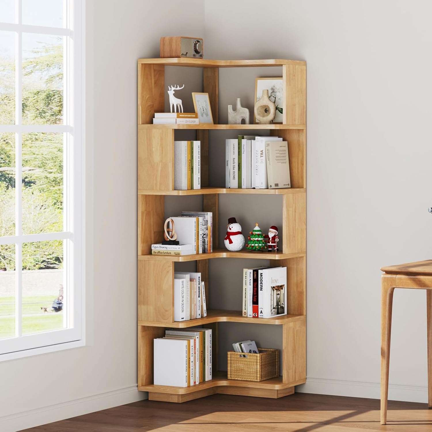 Uniclinens Corner Book Shelf, 5 Tier Corner Bookshelf Etagere Bookcase with Baffle, Freestanding L Shaped Display Shelf Stand for Home Office, Living Room, Bedroom, Kitchen, Natural