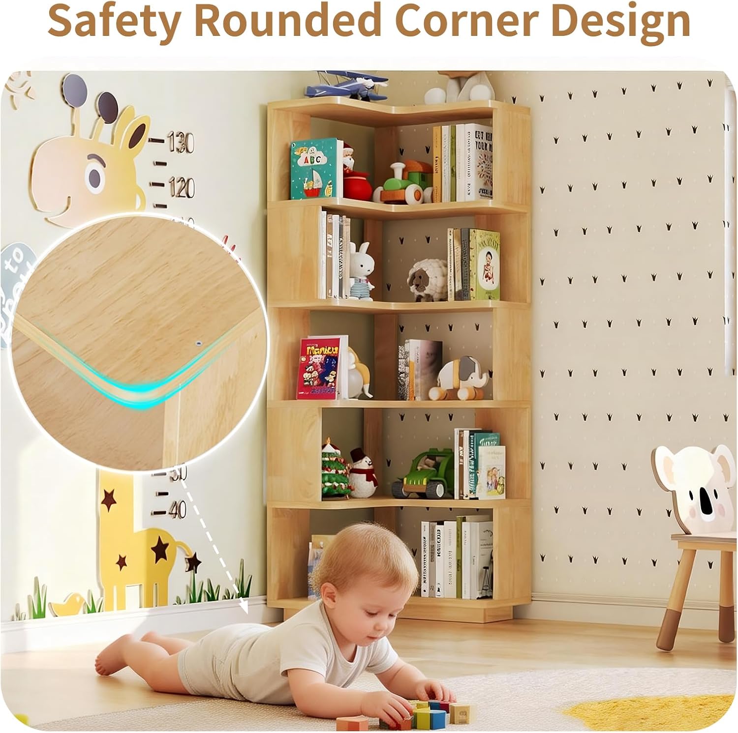 Uniclinens Corner Book Shelf, 5 Tier Corner Bookshelf Etagere Bookcase with Baffle, Freestanding L Shaped Display Shelf Stand for Home Office, Living Room, Bedroom, Kitchen, Natural