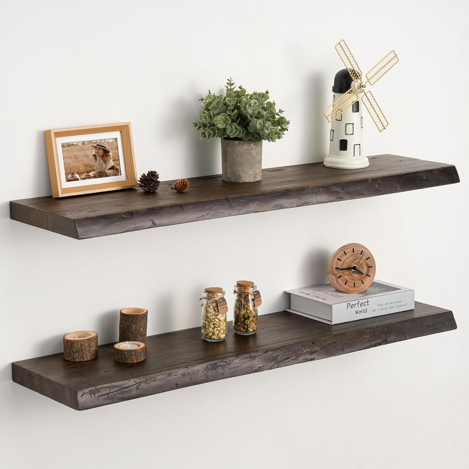 Floating Shelves Set of 2, Solid Elm Wood Wall Shelves 24 Inch - Invisible Bracket Mount for Living Room, Bedroom, Kitchen, Bathroom - Natural