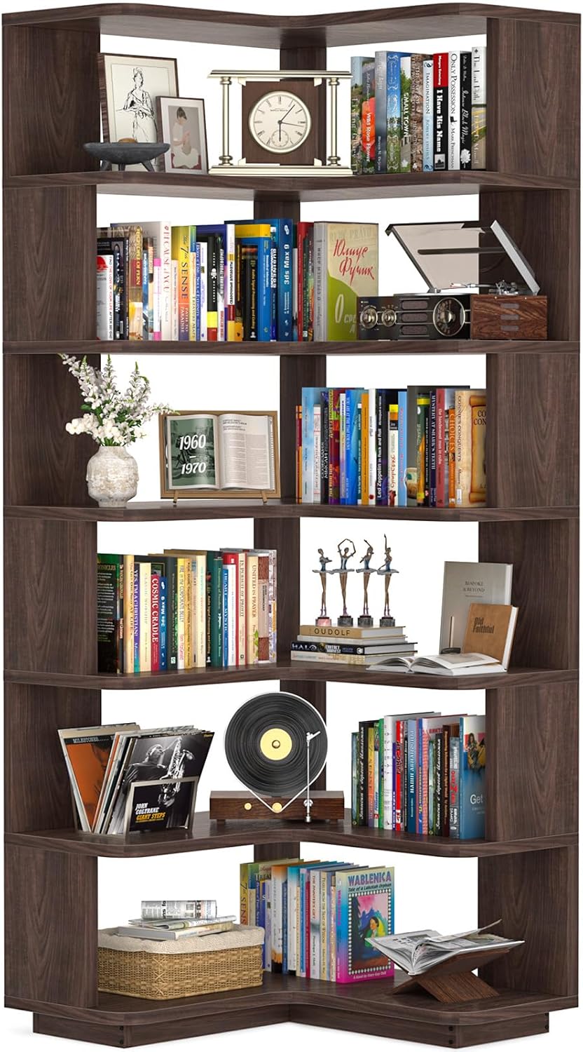 Armocity Corner Book Shelf - 6-Shelf Corner Bookshelf Etagere Bookcase with Baffle, Freestanding L Shaped Display Shelf Stand for Home Office, Living Room, Bedroom, Kitchen, White