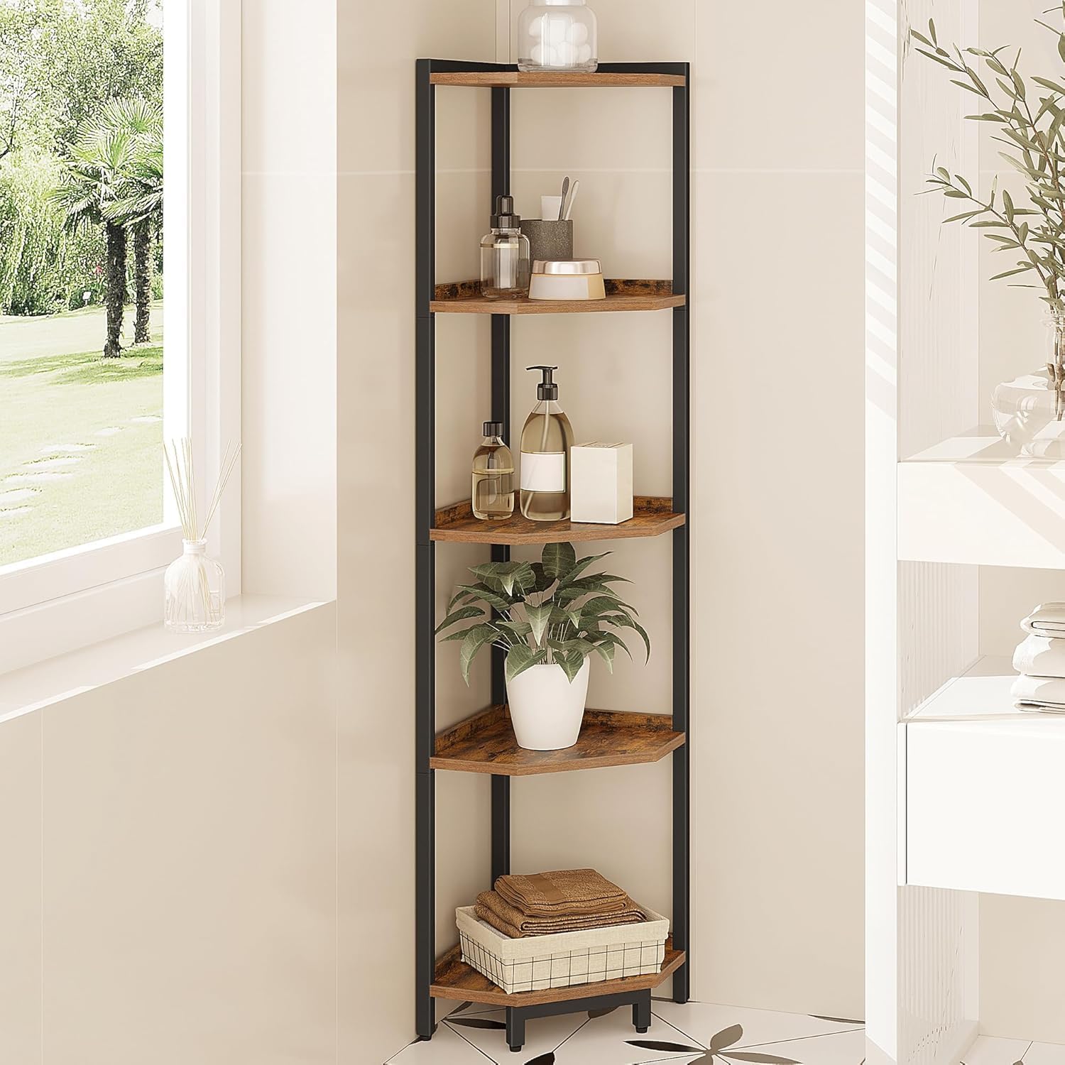 Corner Shelf Stand, Corner Bookshelf, Storage Standing Shelf Unit with Metal Frame, Plant Stand, Corner Bookcase for Living Room, Home Office, Bedroom, 6-Tier Rustic Brown CS06001B