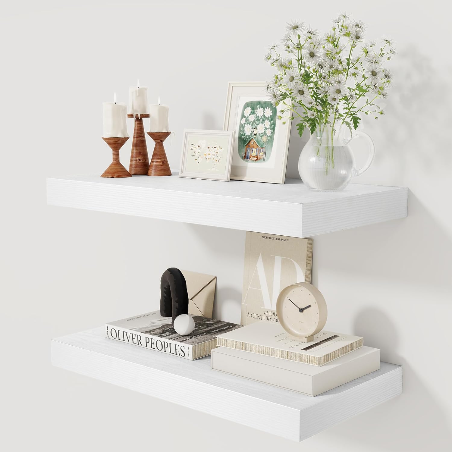 12 Inch Deep White Floating Shelves, 24 x 12 Floating Shelf for Books, Rustic Wood Deep Wall Shelves for Home Storage & Display, 2" Thicked Shelves for Kitchen, Living Room, Bedroom, 1 Pack