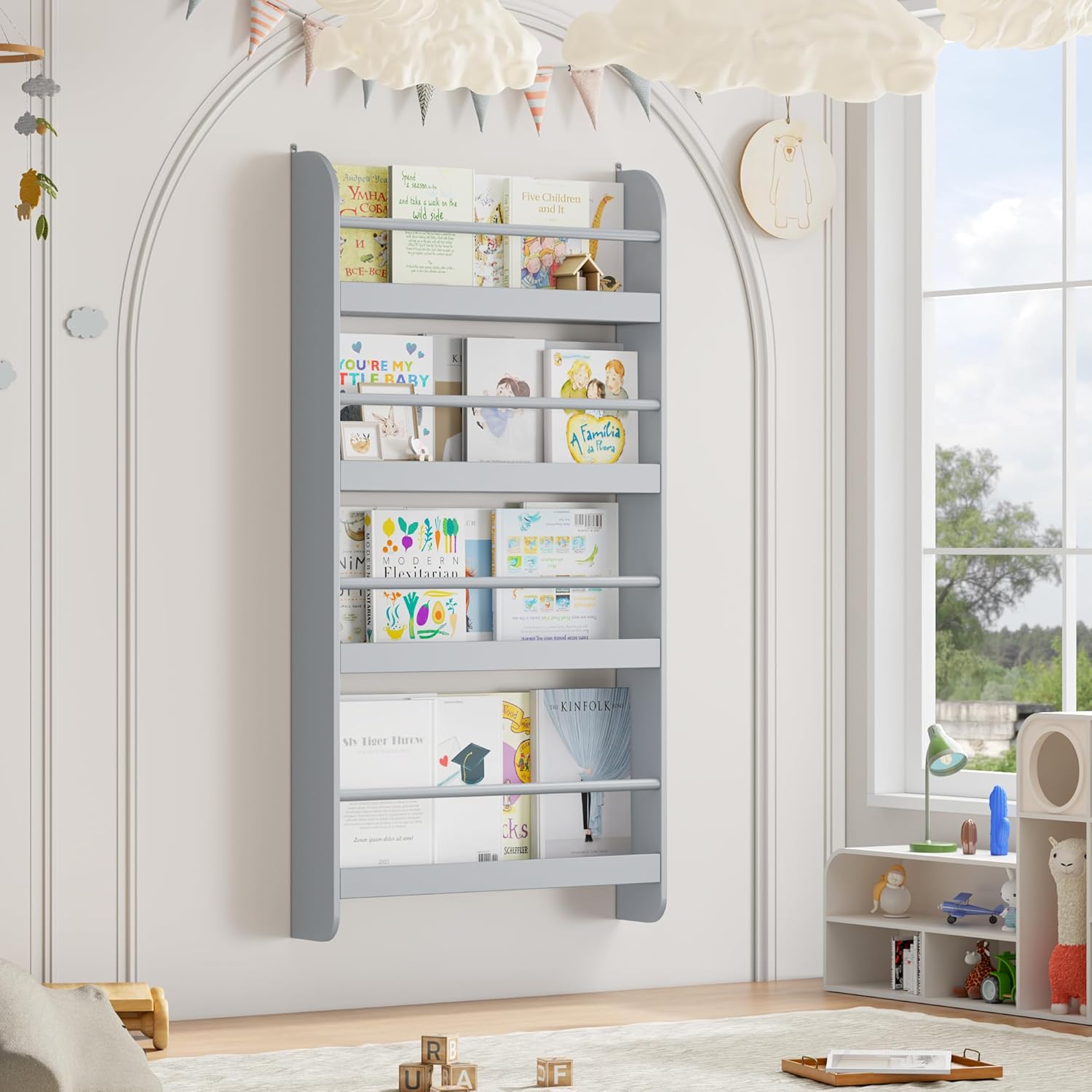 FOTOSOK Kids Bookshelf, Wall Mount 4-Tier Book Shelf Organizer for Toys and Books, Toy Storage Bookshelf in Bedroom, Living Room and Nursery, White