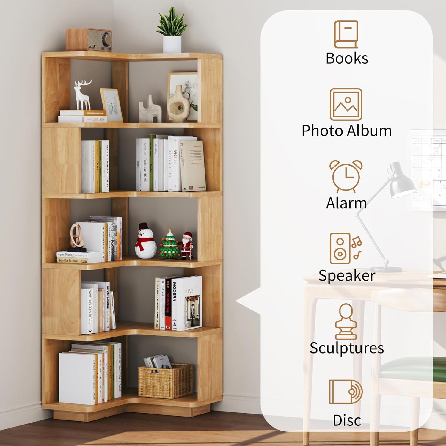 Uniclinens Corner Book Shelf, 5 Tier Corner Bookshelf Etagere Bookcase with Baffle, Freestanding L Shaped Display Shelf Stand for Home Office, Living Room, Bedroom, Kitchen, Natural