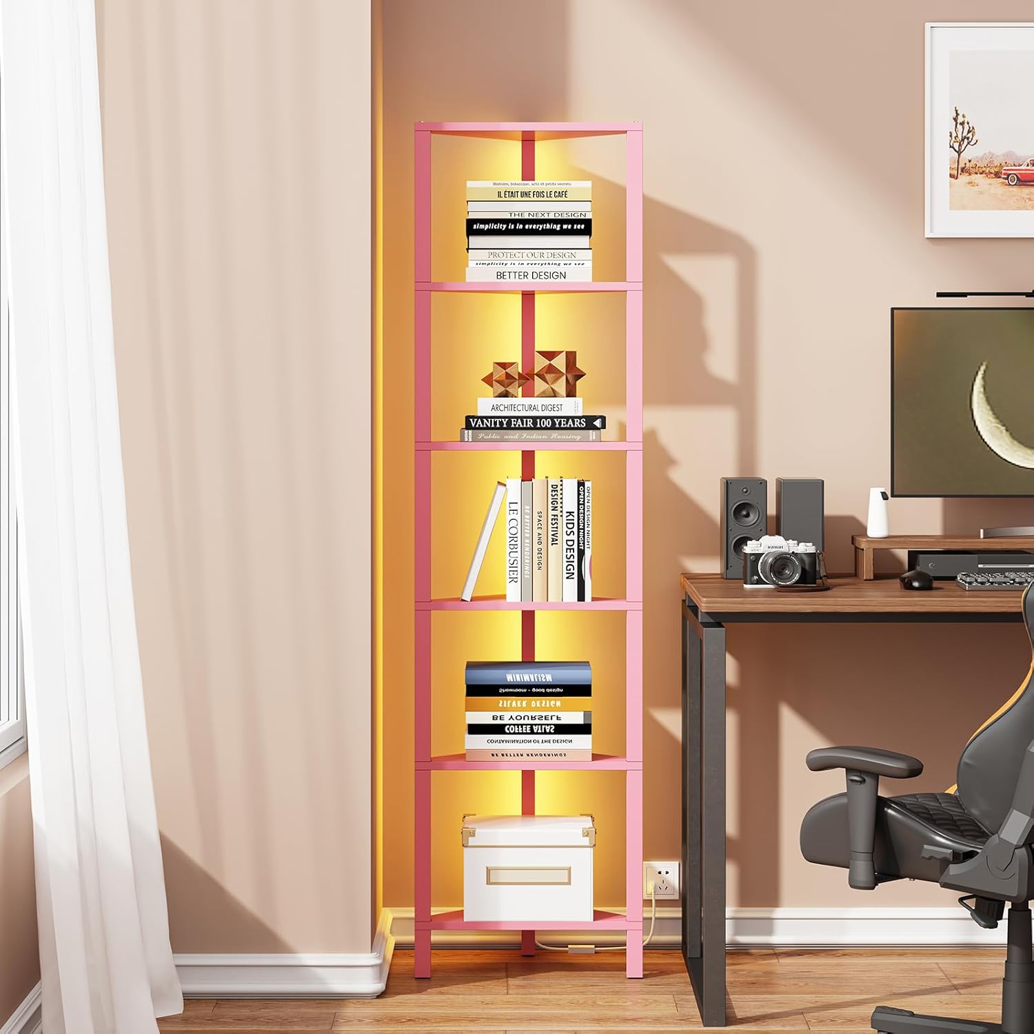 TUTOTAK 6-Tier Corner Bookshelf with LED Light,Corner Shelf for Small Space, Narrow Display Corner Shelf Stand with Storage Rack, for Living Room, Bedroom, Pure White V1BS05BW006L