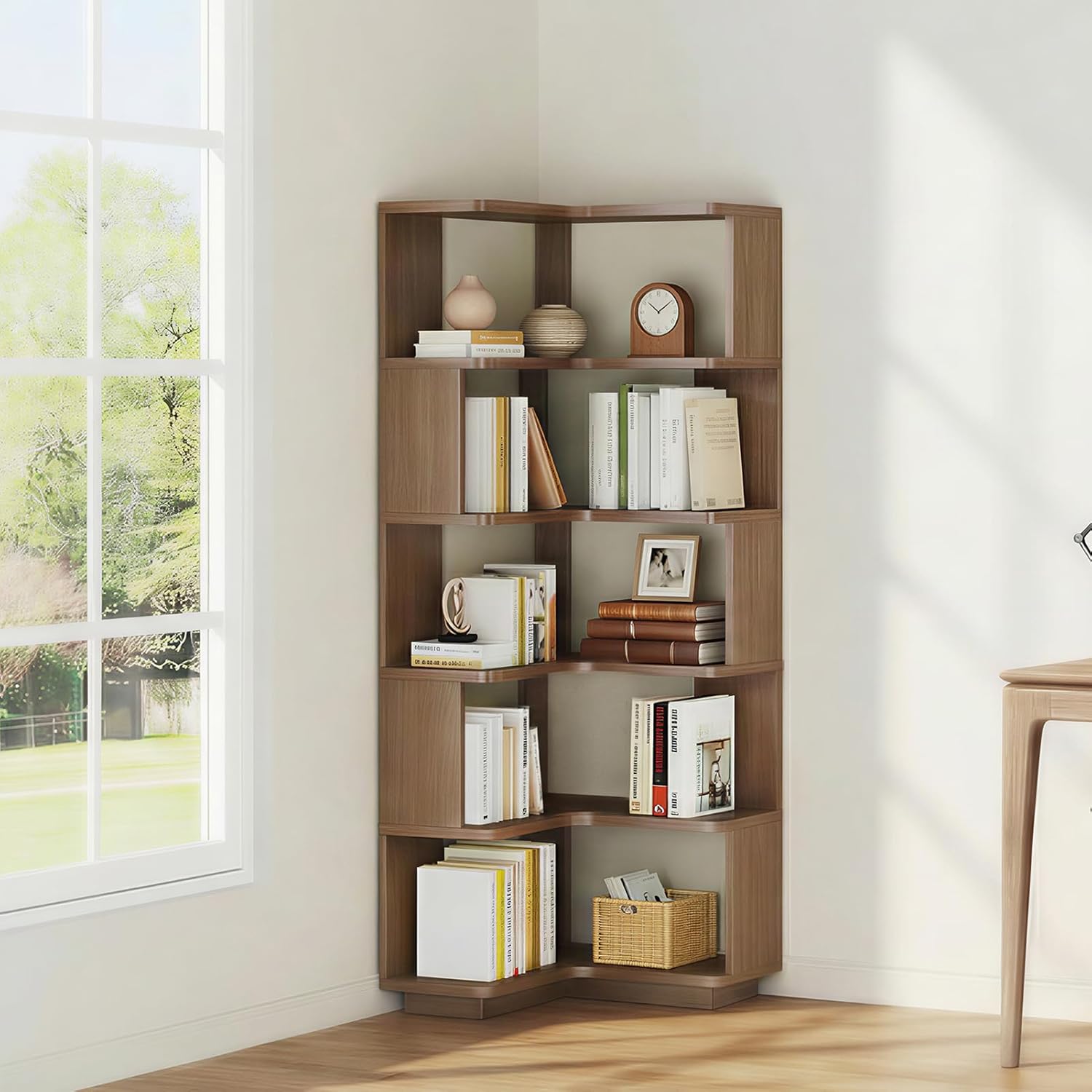 Uniclinens Corner Book Shelf, 5 Tier Corner Bookshelf Etagere Bookcase with Baffle, Freestanding L Shaped Display Shelf Stand for Home Office, Living Room, Bedroom, Kitchen, Natural