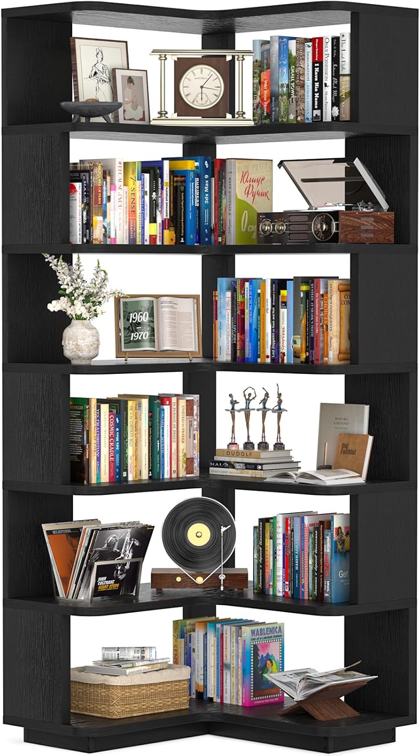 Armocity Corner Book Shelf - 6-Shelf Corner Bookshelf Etagere Bookcase with Baffle, Freestanding L Shaped Display Shelf Stand for Home Office, Living Room, Bedroom, Kitchen, White