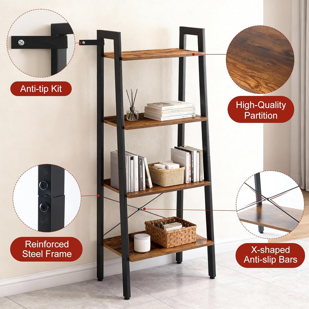 DUMOS Ladder Shelf, 4-Tier Display Bookshelf, Industrial Style Storage Standing Shelf, Decorative Shelves with Stable Frame for Living Room, Bedroom, Office, Kitchen, Bathroom, Brown