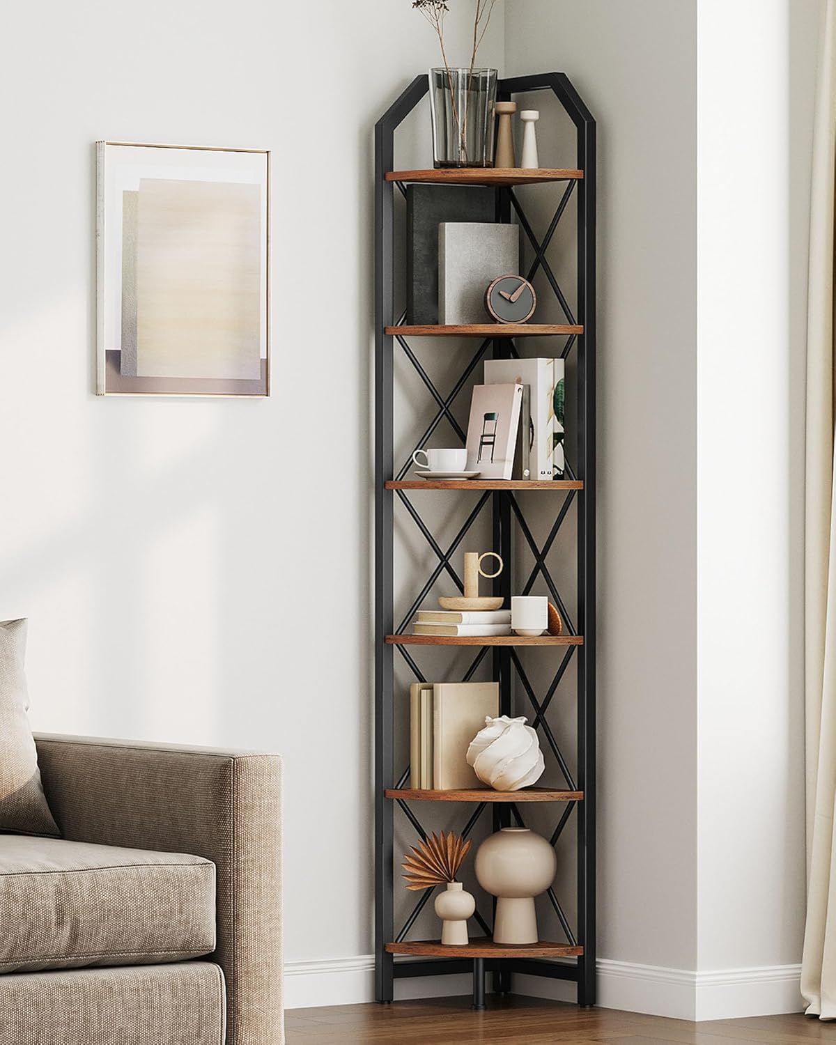 59.4" Corner Shelf, 5-Tier Industrial Corner Bookshelf, Corner Storage Stand, Plant Stand Display Shelf, Bookcase for Bedroom, Living Room, Home Office, Rustic Brown and Black TCJ10BF