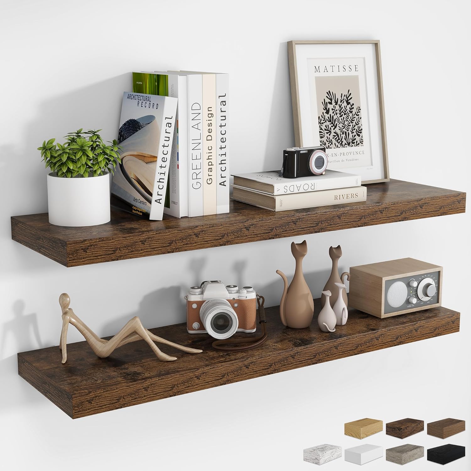 RICHFOCUS 48Inch Floating Shelves for Wall 2 Pack Shelves for Bedroom|Kitchen|Bathroom Wall Mounted Rustic Wood Floating Shelf with Invisible Brackets for Books|Storage|Decor, Walnut