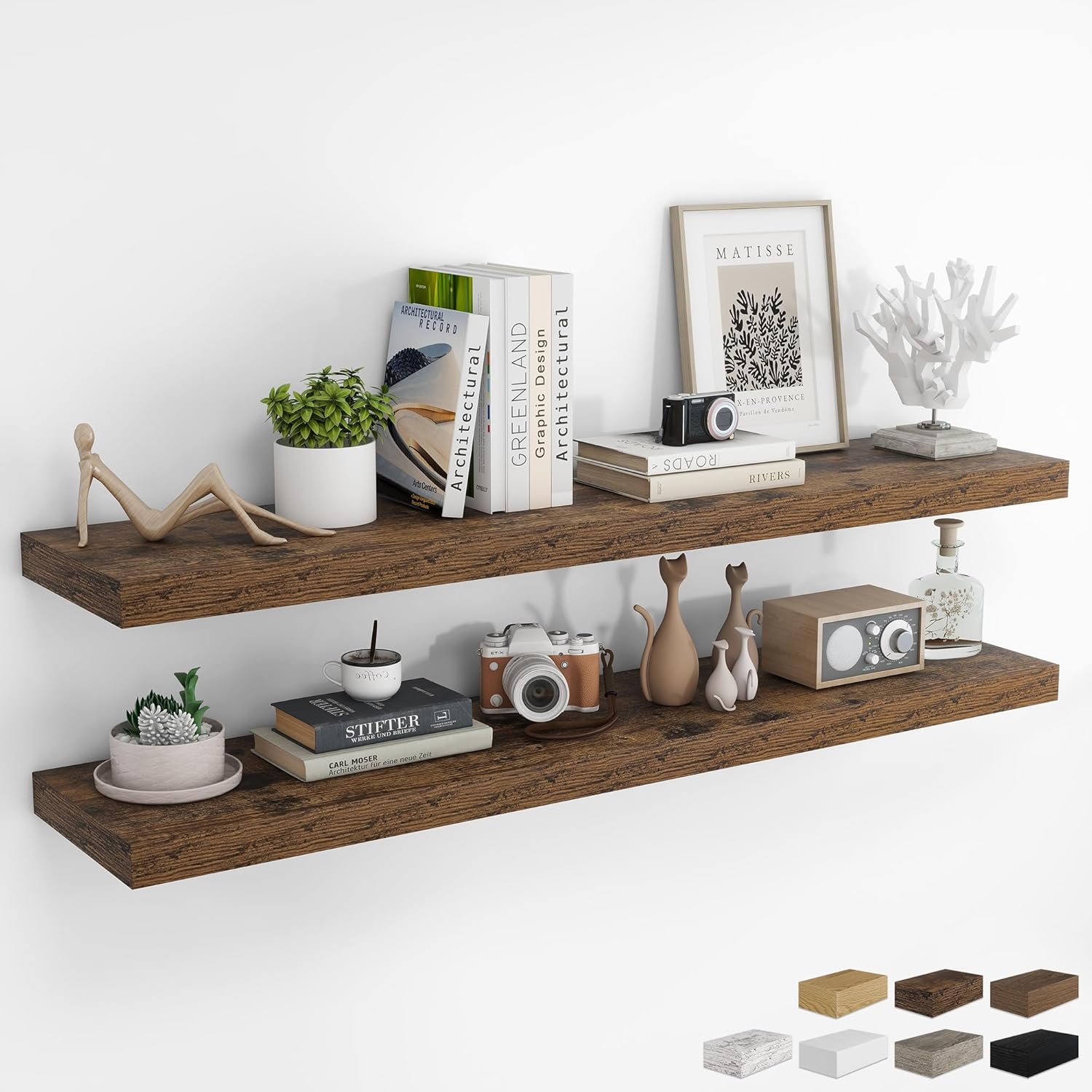 RICHFOCUS 48Inch Floating Shelves for Wall 2 Pack Shelves for Bedroom|Kitchen|Bathroom Wall Mounted Rustic Wood Floating Shelf with Invisible Brackets for Books|Storage|Decor, Walnut