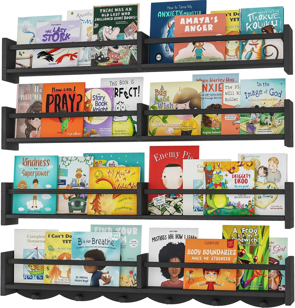 34Inch Nursery Bookshelves,Set of 4,Wall Floating Shelf Kids Coat Rack with 6Hooks,Hanging Book Shelf for Baby Nursery Room Décor， Patent Number: 29958098(Burlywood, 34)