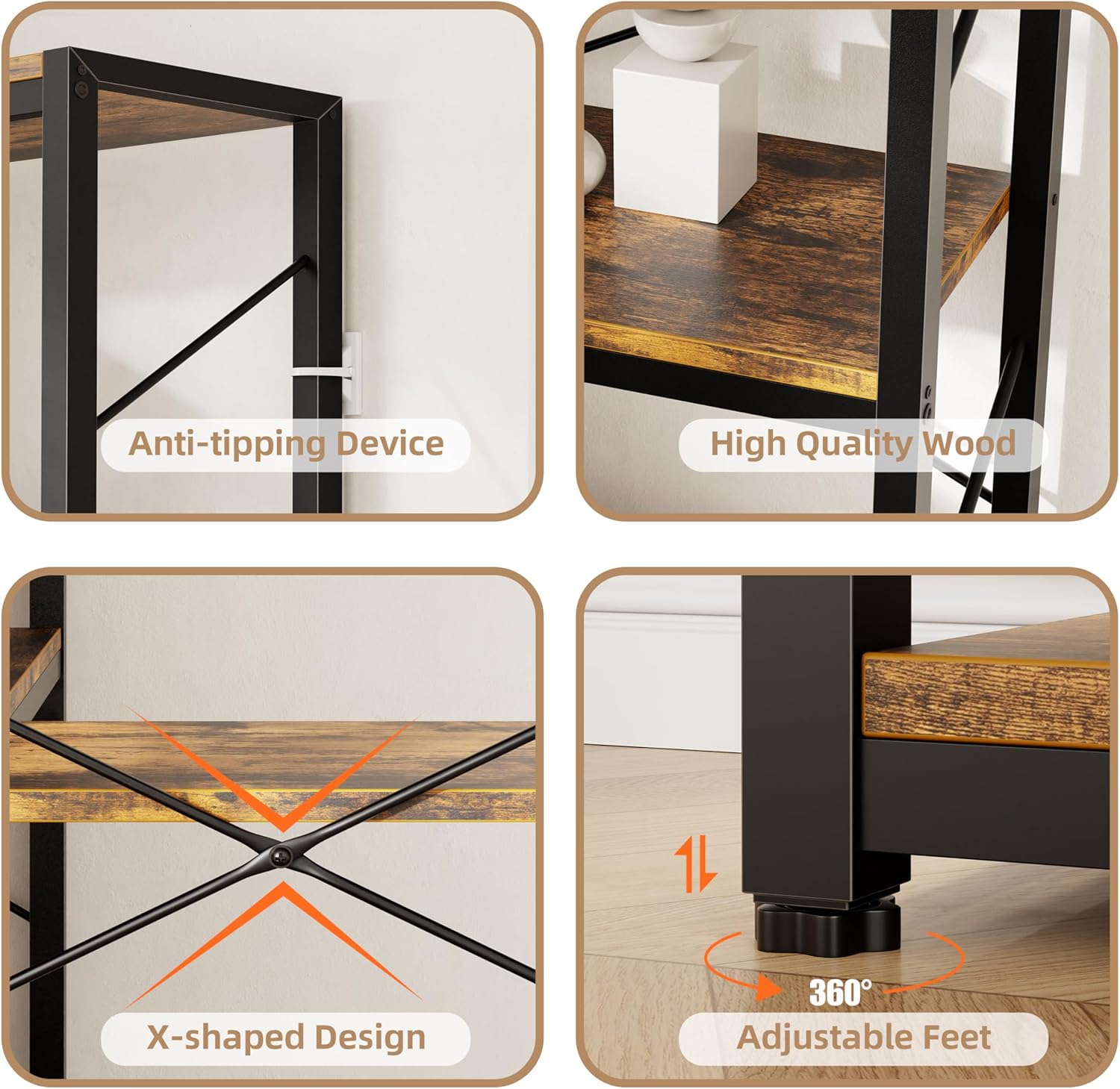 Shintenchi 5 Tier Corner Bookshelf,L Shaped Bookcase,Large Etagere Bookcase,Corner Shelf Display Storage Rack with Metal Frame for Living Room Bedroom Office,Rustic Brown