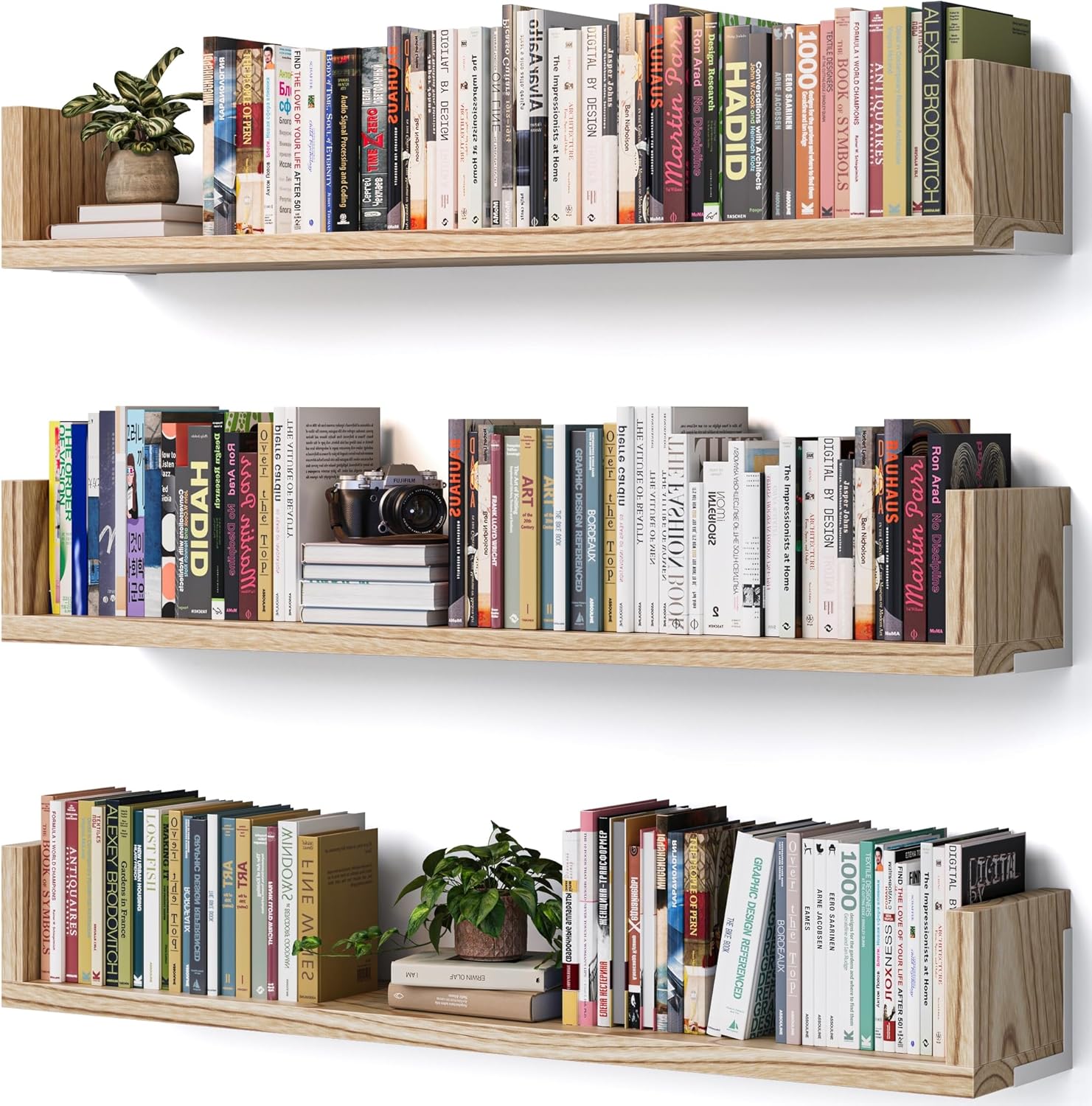 Wall Bookshelf, Set of 3, 36 Inches U Shaped Wall Shelves, Long Deep Floating Shelves, Large Floating Book Shelves - Wood Hanging Bookshelves for Kitchen, Bedroom (Light Brown, 35.4 Inches)