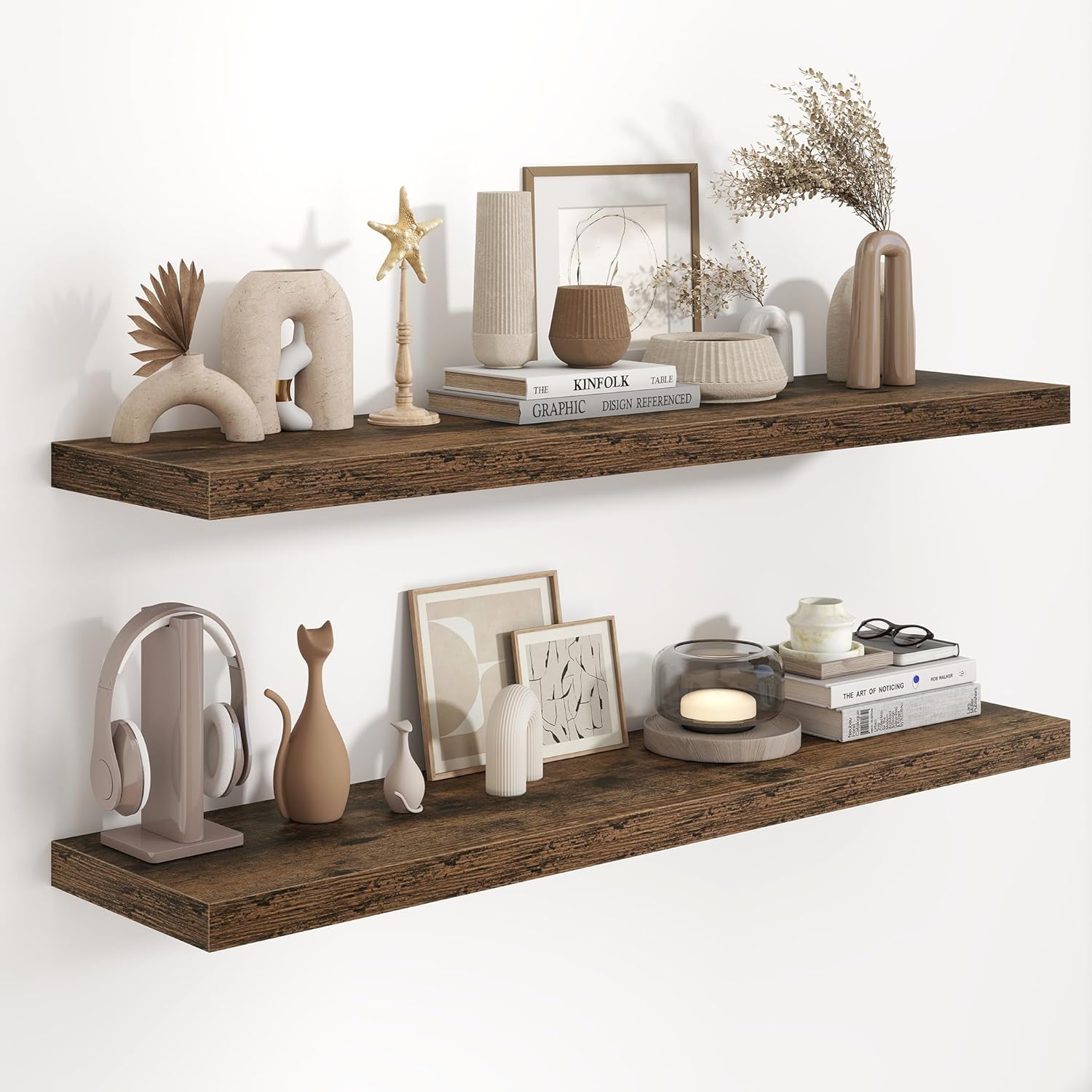 Fun Memories 48 Inch Floating Shelves in White, 9.3 Inch Deep Floating Shelf for Bathroom Living Room Kitchen, Rusitc Wall Mounted Bathroom Shelves 2 Pack, Heavy-Duty Deep Shelf for Books Decor