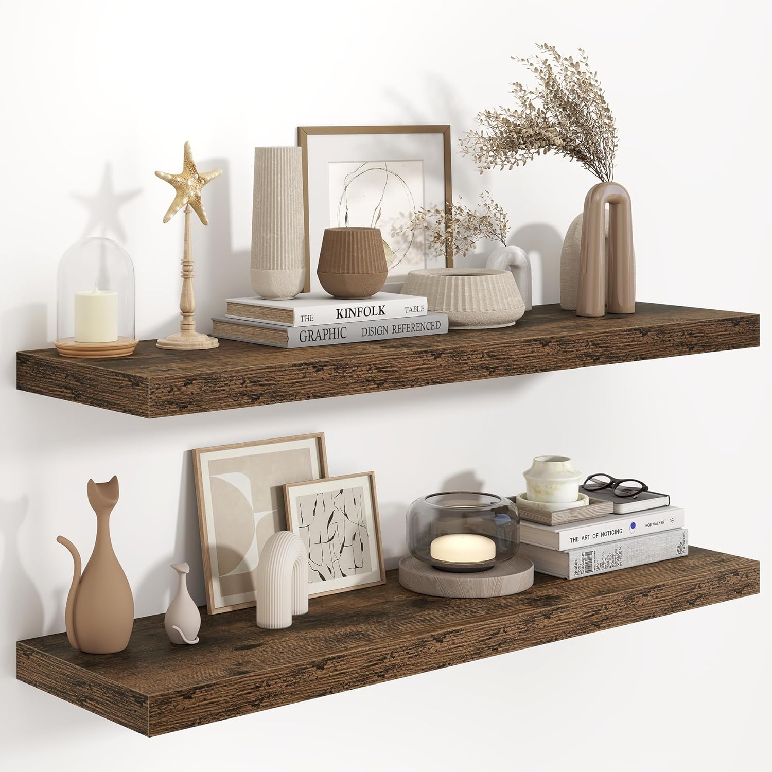 Fun Memories 48 Inch Floating Shelves in White, 9.3 Inch Deep Floating Shelf for Bathroom Living Room Kitchen, Rusitc Wall Mounted Bathroom Shelves 2 Pack, Heavy-Duty Deep Shelf for Books Decor